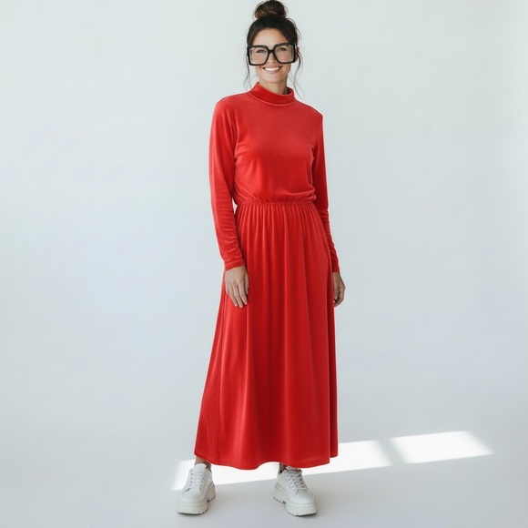Vintage Fads 80s velour red mock neck maxi dress comfy Warm soft casual - Picture 3 of 11